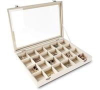 Organiseur haut de gamme avec couvercle transparent - 24 compartiments - Insert en cuir souple - Boîte de rangement - Vitrine - Coffret cadeau pour filles et femmes