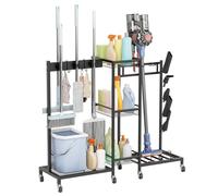 Organiseur portable pour balai avec roulettes, support de rangement en acier robuste à 3 niveaux pour fournitures de nettoyage, peut contenir 6 balais et accessoires pour aspirateur, étagères