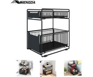 Organiseur sous évier MENGDA - Panier Coulissant à 2 Niveaux - Rangement Salle de Bain - Noir