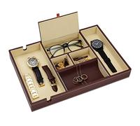 Organiseur Table de Nuit pour Homme en Cuir Synthétique, Rangement Table de Chevet, Vide poche avec 6 Compartiments pour Téléphone, Portefeuille, Clés, Faux Cuir, Brun, 35 x 24 x 4 cm
