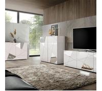 ORIANA - Ensemble Salon Finition Blanc Laqué avec Sérigraphies et Miroirs