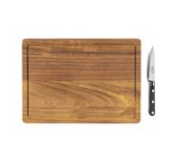 SABATIER TROMPETTE - Set planche à découper rectangulaire 39 x 28 x 1.5 cm avec rigole et couteau office 20 cm (Lame 10 cm) - Planche en bois d'acacia huilé - Bois/Noir