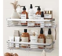 Orimade Serviteur de Douche Etagère avec 5 Crochets pour Salle de Bain Panier Toilette Cuisine Spice Rack Acier Inoxydable SUS304 sans Perçage - 2 Pack