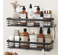 Orimade Serviteur de Douche Etagère avec 5 Crochets pour Salle de Bain Panier Toilette Cuisine Spice Rack Acier Inoxydable SUS304 sans Perçage - 2 Pack（Noir）