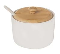 orion group Sucrier en porcelaine avec couvercle et cuillère - Hauteur : 6,5 cm - Porcelaine blanche et bois de bambou - Sucrier écologique