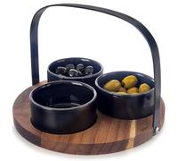 Orion Lot de 4 bols à goûter en céramique, 3 bols à sauce de 130 ml, avec plateau en bois d'acacia et poignée, bols de service pour sauces et collations, série Black, noir