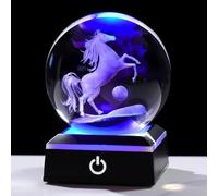 Ornalrist Boule de cristal de 8 cm gravée Figurine 3D de cheval en cristal Cadeaux pour femmes Globe de cheval en verre avec base LED Objet de collection pour la maison, poids en verre, ornements