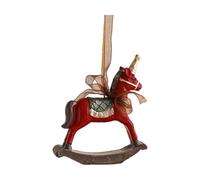 Ornement d ' arbre en résine peinte avec, Red wooden horse | Conception sculptée dimensionnelle, aspect peint fini, boucle attachée pour les arbres de Noël et les présentoirs
