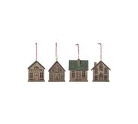 Ornement en contreplaqué marron clair, lot de 4, intérieur/extérieur, avec lumière, en forme de maison - Bloomingville, Owe - 4x9x11 cm