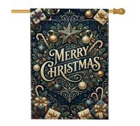 Ornements de Noël élégants dorés et bleu marine, 71,1 x 101,6 cm | Étoiles dorées, drapeau de cour, branches de pin, boîtes cadeaux, sucre d'orge, houx d'hiver, lettrage élégant