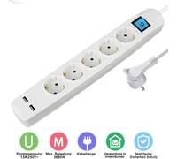 ORSEM Multiprise 5x / 5m de câble multiprise IP 20 avec 2x port USB 2.1A / 3680W avec interrupteur et sécurité enfant Prise USB blanche