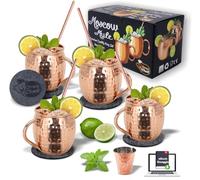Orso Chef Tasses en cuivre Moscow Mule | Gobelets à Cocktail | Solides Mugs | Lot de 4 tasses 4 x pailles 4 x sous-verres 1 x doseur | Verres à rame| Tasses Moscow Mule | Avec E-book Cocktails