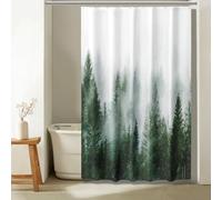 ORTIGIA Rideau de douche décoratif et imperméable pour petite salle de bain, crochets inclus, motif inspiré de la nature représentant une forêt de pins brumeuse, 152,4 x 182,9 cm, vert