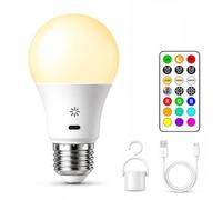 Orvessalo Ampoule Rechargeable E27 LED avec Télécommande & Tactile,1 Pack | 2200mAh Batterie, 12 RGB Couleur, 3 Timer, Crochet, Ampoule Sans Fil Dimmable USB pour Lampes, Camping, Urgence