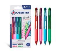 Osama, 4 Multi - 4 Couleur Metal, 4 Pièces avec Encre Bleue, Rouge, Verte et Noire - Bille 0.1 mm pour Papeterie, Accessoire Bureau et Fourniture Scolaire - Couleur avec Trait Fluide