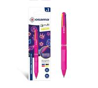 Osama 4 Multi Neon - Stylo 4 Couleur Personnalisé, 1 Pièce - Stylo Bille 1 mm avec Encre Noire, Bleue, Rouge et Jaune Fluo (Mine 1.6 mm) - Stylos Couleur pour Papeterie, Fourniture Scolaire et Bureau