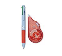 Osama - Correcteur Blanc à Ruban, 20 M + Stylo 4 Couleur Bille, Pointe Fine 1 mm - Kit pour Papeterie Bureau et Fourniture Scolaire - Set Effaceur et Stylo Couleur pour Écrire sans Erreur, Ciel/Rouge