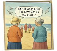 Oscar Finks Carte d'anniversaire amusante pour personnes âgées, « Isn't It Weird Being Old? », motif scène de plage, intérieur vierge, format A5, style vintage #1921