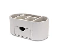 OSCO Organiseur de bureau en similicuir blanc avec tiroir | Rangement de bureau | Porte-stylos | Conteneur de maquillage | Rangement pour crayons | 6 compartiments | Caddy de papeterie | H 10 x l 23 x