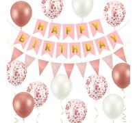 OSDUE Decoration Anniversaire,Blanc Rose Ballons Anniversaire Réutilisable Femme Homme Bannière Joyeux Confettis Ballons Fête Guirlande Happy Birthday Drapeaux Triangulaires pour Adulte Enfant