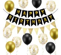 OSDUE Decoration Anniversaire,Or Noir Ballons Anniversaire Réutilisable Femme Homme Bannière Joyeux Confettis Ballons Fête Guirlande Happy Birthday Drapeaux Triangulaires pour Adulte Enfant