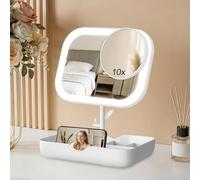 OSDUE Miroir de Maquillage Éclairé, 3 Lumières de Couleur, Rotation 360° | Miroir Grossissant 10X/1X Détachable Réglage d’Éclairage Smart Rechargeable USB, Miroir de Voyage pour Chambre, Bureaux