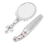 OSOLADY Miroir Portable Rétro en Alliage Léger Argenté avec Poignée Fleurie et Peigne Ajouré, Miroir de Maquillage Pliable Haute Définition Maison Voyages Plusieurs Styles