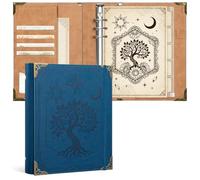 Ospelelf Classeur vintage A5, couverture de classeur à 6 anneaux en cuir synthétique avec intercalaires et pochette à fermeture éclair, organiseur rechargeable pour agenda et budget Motif arbre bleu