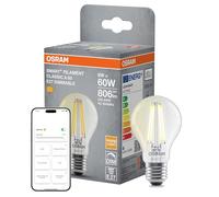 Osram Lampe LED SMART+, A60, 6 W, 2 700 K, E27, en forme d'ampoule, à filament, transparente, à intensité variable, contrôlable avec application ou assistant vocal, compatible Matter