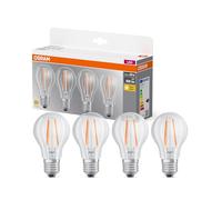 Osram LED BASE A60, pack avantage de 4 lampes, remplace les ampoules 60W classiques, 6.5W, blanc chaud (2700K), verre filament, non dimmable, forme de poire, E27