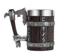 OTARTU Tasse Viking avec poignée Battleax, Stein à bière nordique en chêne rune et doublure en acier inoxydable 500 ml. Cadeau viking pour homme, fête des pères