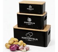 Otauoaea Lot de 3 Boite Pomme de Terre Onion Ail, Rangement Pomme de Terre Oignon Ail Echalotte, Panier Pot Conservation avec Couvercle en Bambou | Noir