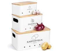 Otauoaea Lot de 3 Boite Pomme de Terre Onion Ail, Rangement Pomme de Terre Oignon Ail Echalotte, Panier Pot Conservation avec Couvercle en Bambou | Blanc