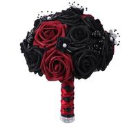 Otbushit Bouquet de Roses Noires 9, 8 Pouces Bouquet de mariée Gothique Artificiel Roses Rouges et Noires pour mariée Demoiselle d'honneur Bouquets fiançailles Mariage pour Décorations e