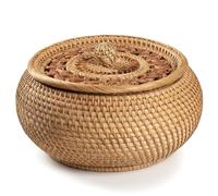 Otbushit Panier en rotin avec Couvercle, Panier en Osier Rond de 9, 5x5, 1 Pouces pour Pain Naturel, conteneur de Rangement décoratif tissé pour Cuisine et Salon