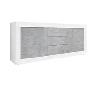 OTELLO - Buffet 2 Portes 3 Tiroirs Finition Blanc Laqué et Aspect Béton