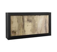 OTELLO - Buffet 3 Portes Finition Noir Mat et Aspect Bois Antik