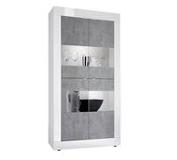 Vitrine 4 Portes Finition Blanc Laqué et Aspect Béton avec Leds - OTELLO -