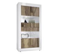 OTELLO - Vitrine 4 Portes Finition Blanc Laqué et Aspect Bois Antik avec Leds