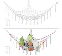 OTraki 2 Pièces Filet Peluche À Suspendre 100 * 135cm, Filet De Jouets Range Peluche Boho Decoration Chambre, Hamac En Rangement Pour Chambre Enfant (Blanc Cassé et Arc-en-Ciel)
