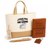 Otshirt Coffret Cadeau Licorne J'peux pas | Sac Cabas Coton et Jute 18 L, Carnet, Stylo Bambou, Porte-Clés, Marque-Page | 5 Pièces | Idée Cadeau Noël Départ