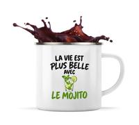 Otshirt Mug Métal Émaillé La vie est plus belle avec le mojito | modèle 1 | Tasse de Camping 300 ml Recto Verso Passe au Lave-Vaisselle | Randonnée Bivouac Bureau | Idée Cadeau Noël Départ