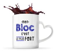 Otshirt Tasse Cœur Mon Bloc C'est le plus fort - Mug - Idée Tasse Personnalisable en forme de Cœur Cadeau Anniversaire Fête Original Famille Travail Départ Collègue Retraite Noël.