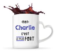 Otshirt Tasse Cœur Mon Charlie C'est le plus fort - Mug - Idée Tasse Personnalisable en forme de Cœur Cadeau Anniversaire Fête Original Famille Travail Départ Collègue Retraite Noël.
