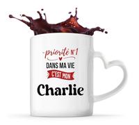 Otshirt Tasse Cœur Priorite N1 dans ma vie C'est mon Charlie - Mug - Idée Tasse Personnalisable en forme de Cœur Cadeau Anniversaire Fête Original Famille Travail Départ Collègue Retraite Noël.
