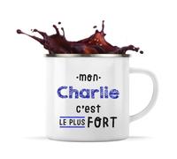 Otshirt Tasse Métal Mon Charlie C'est le plus fort - Mug - Idée Tasse Personnalisable en Métal Cadeau Anniversaire Camping Fête Original Famille Travail Départ Collègue Retraite Noël.