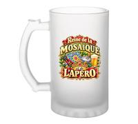 Otshirt Verre à Bière Reine de la mosaïque et de l'apéro | Chope Givrée Verre Trempé 470 ml à Anse Recto Verso | Apéro Bar Bistrot Match | Idée Cadeau Mosaïste Fête des Pères Noël