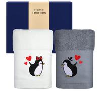 Otuuz 2 Pcs Serviettes Cadeau pour Couples 35 x 70 cm Serviettes Partenaire en Coton Brodé Cadeau pour Couples Mariée Marié Anniversaire Mariage Noël Fiançailles(Pingouin,Blanc Gris)