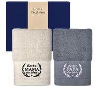 Otuuz 2 Pcs Serviettes Cadeau pour Couples 35 x 70 cm Serviettes Partenaire en Coton Brodé Cadeau pour Couples Mariée Marié Anniversaire Mariage Noël Fiançailles(Beste Papa Mama,Beige Gris)