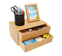 OUBUBY Boîte à tiroirs de bureau avec 2 compartiments fermés - Organiseur de bureau en bambou - Organiseur de bijoux et cosmétiques - 34 x 20 x 18 cm - Pour petits objets (2 tiroirs)